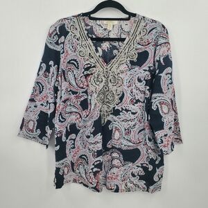 ♧ Charter Club Paisley Tunic Top Linen Luxury Embroidered Sequin Size XLP